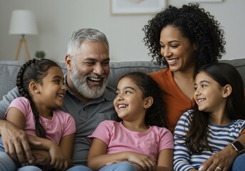Joyful multigenerational family laughing together on a gray sofa in a bright living room