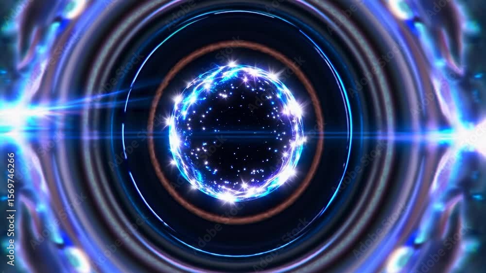 Poster dynamic blue energy sphere spinning with luminous particles and radiant light streaks, generating im