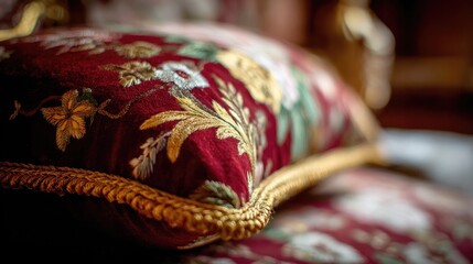 Close-up of a single elegant pillow with intricate embroidery on a velvet background