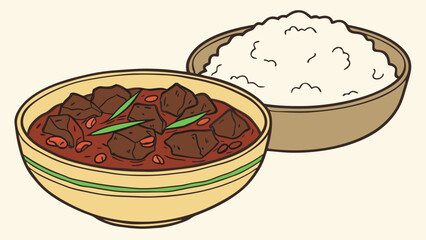 vector drawing of indonesian rendang and rice