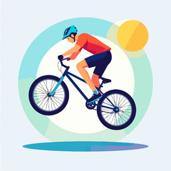 Obraz premium Person Riding Mountain Bicycle with Blue Helmet and Orange Jersey in Graphic Illustration with Mountain Landscape