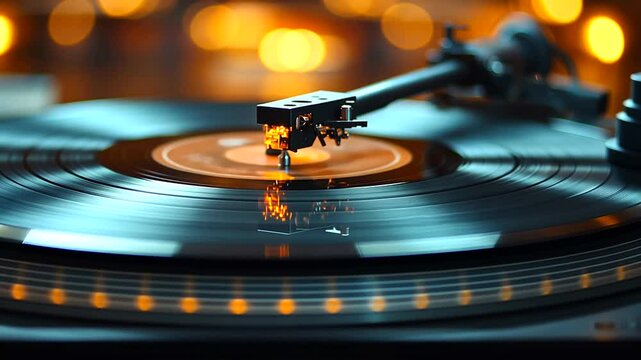 Close-up of a vinyl record spinning on a turntable with warm bokeh lights in the background