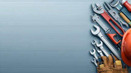 A collection of assorted tools including wrenches, a hammer, and pliers, arranged neatly on a textured grey background.