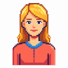 Obraz premium Pixel Art Portrait of a Young Blonde Woman with a Red Top and Blue Collar in a Digital Style