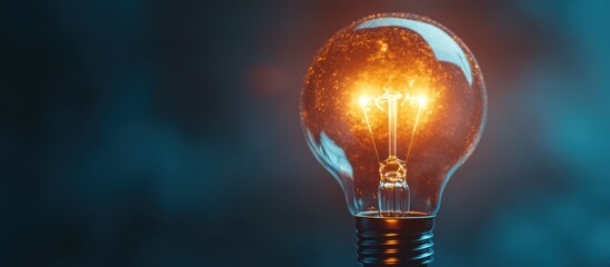 Glowing filament bulb illuminating against a dark teal misty background