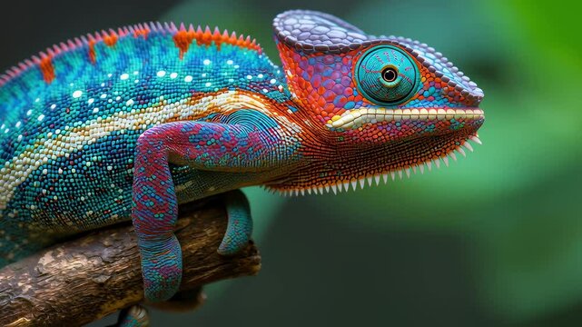 A colorful chameleon is perched on a branch. The bright colors of the chameleon make it stand out against the green background