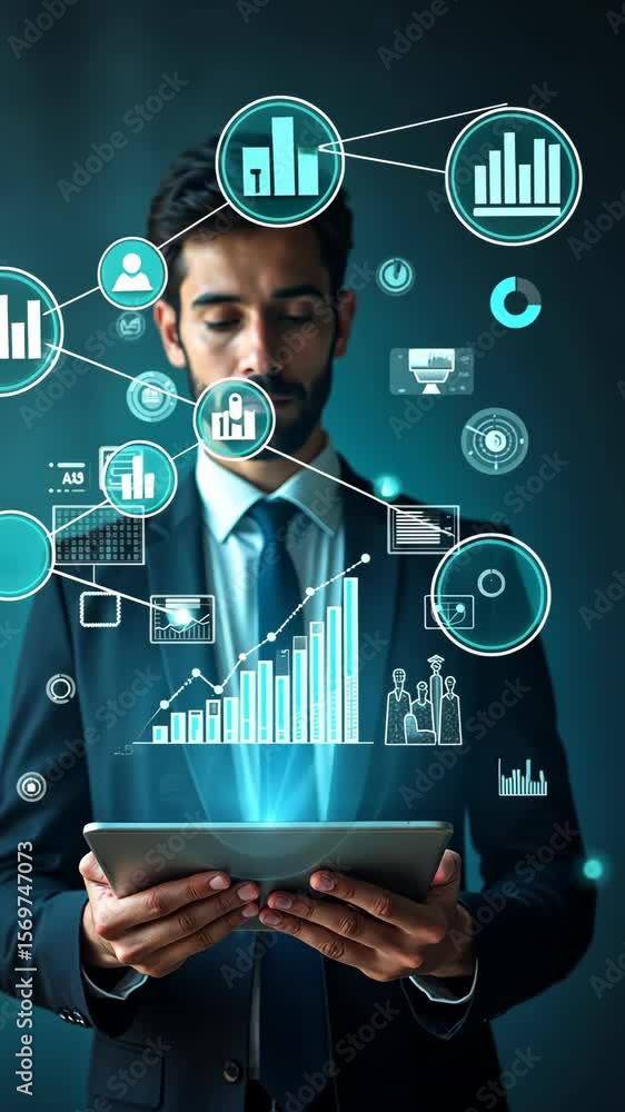 Poster a man in a business suit working on a laptop with virtual icons related to data analysis, showcasing