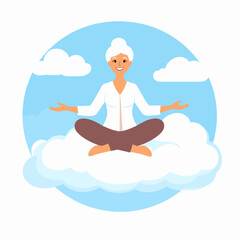 Relaxing Senior Woman Meditating on White Cloud in Tranquil Sky Scene with Arms Open for Peace and Balance