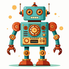 Fototapeta premium Retro Style Robot Illustration Featuring Teal and Orange Color Palette on White Background