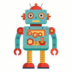 Retro Cartoon Robot Toy with Teal Body Orange Accents and Yellow Gears on a White Background
