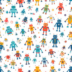 Fototapeta premium Seamless Pattern of Whimsical Robots in Varied Designs on White Background Featuring Retro Colors and Playful Geometric Shapes