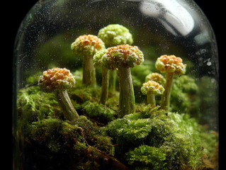 Mushrooms in a glass terrarium with moss.
