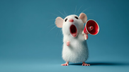 A cute mouse excitedly speaks into a large megaphone