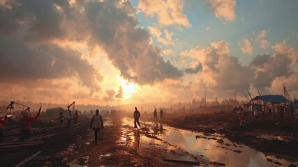 hopeful wide shot of sun breaking through clouds after flood, villagers beginning cleanup, emotional closure