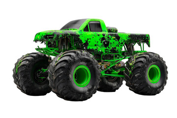Obraz premium Green and black monster truck with mud splatter on a PNG background, monster truck, green, black, truck, vehicle, car, transportation, automotive, offroad, mud, splatter, monster, big, tires, wheels