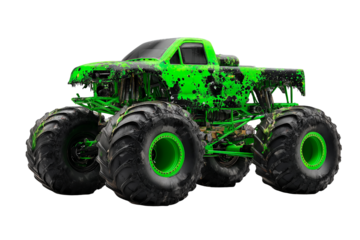 Green and black monster truck with mud splatter on a PNG background, monster truck, green, black, truck, vehicle, car, transportation, automotive, offroad, mud, splatter, monster, big, tires, wheels