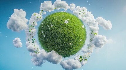 Lush green grass planet surrounded by clouds and white flowers in a peaceful blue sky