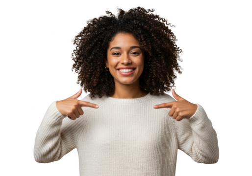 Young woman with curly hair pointing to herself with a smile isolated on transparent background