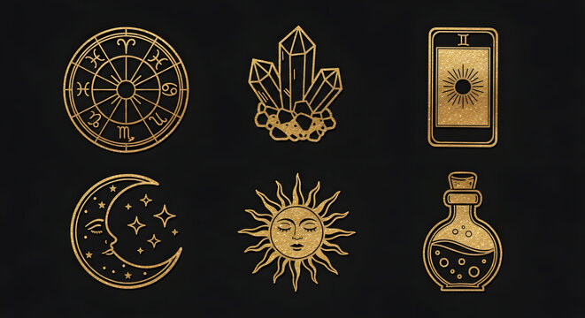 Golden Mystical Symbols Collection: Astrology, Crystals, and Tarot