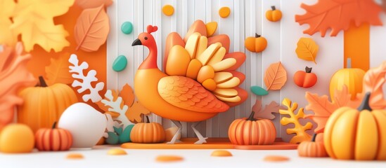 Festive thanksgiving scene featuring an orange turkey and assorted autumn decorations