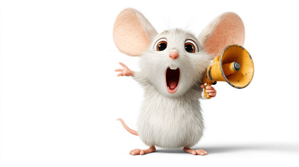 A cute mouse excitedly speaks into a large megaphone