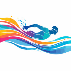 Swimming Athlete in Motion Surrounded by Abstract Colorful Waves on White Backdrop