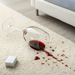 A broken wine glass lies on a carpet, spilling red wine. A small white object is nearby. The scene suggests an accident or mishap in a living room setting.