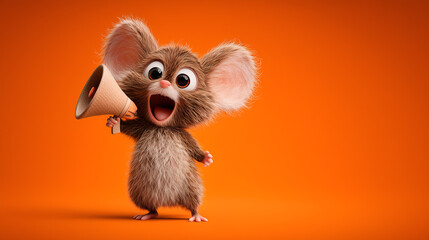 A cute mouse excitedly speaks into a large megaphone