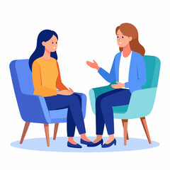 Two Women in Conversation Sitting on Armchairs in Bright Room Consultation Mental Health Support and Care in Professional Environment Illustration