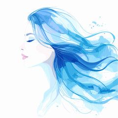 Watercolor Portrait of a Serene Woman with Flowing Blue Hair in an Abstract Artistic Style on White Background