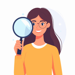 Young Brunette Woman Holding Magnifying Glass in Orange Sweater Isolated on White Background