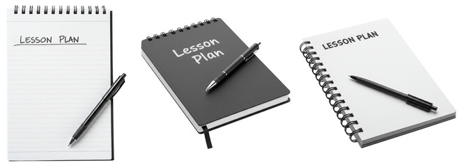 Set of lesson plan notebooks with pen on transparent background  