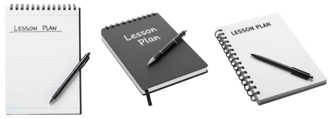 Set of lesson plan notebooks with pen on transparent background  