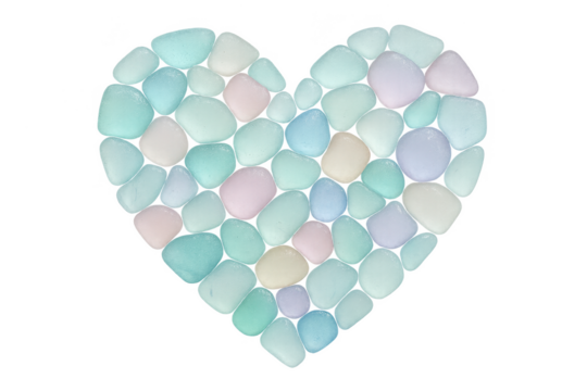Pastel sea glass heart shape isolated on transparent background, colorful