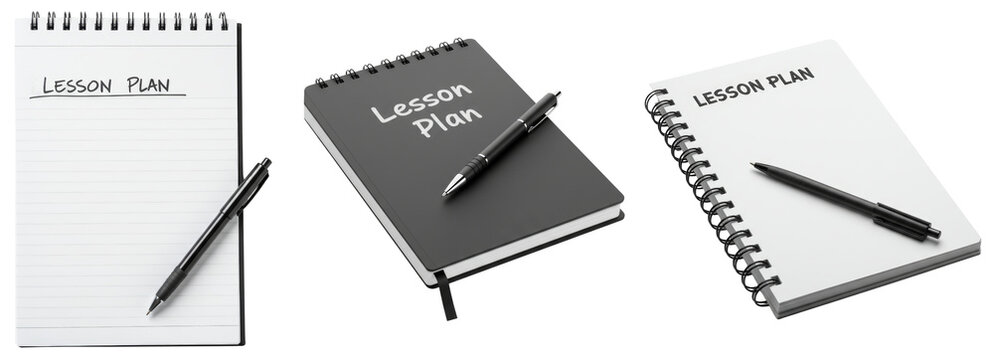Set of lesson plan notebooks with pen on transparent background  