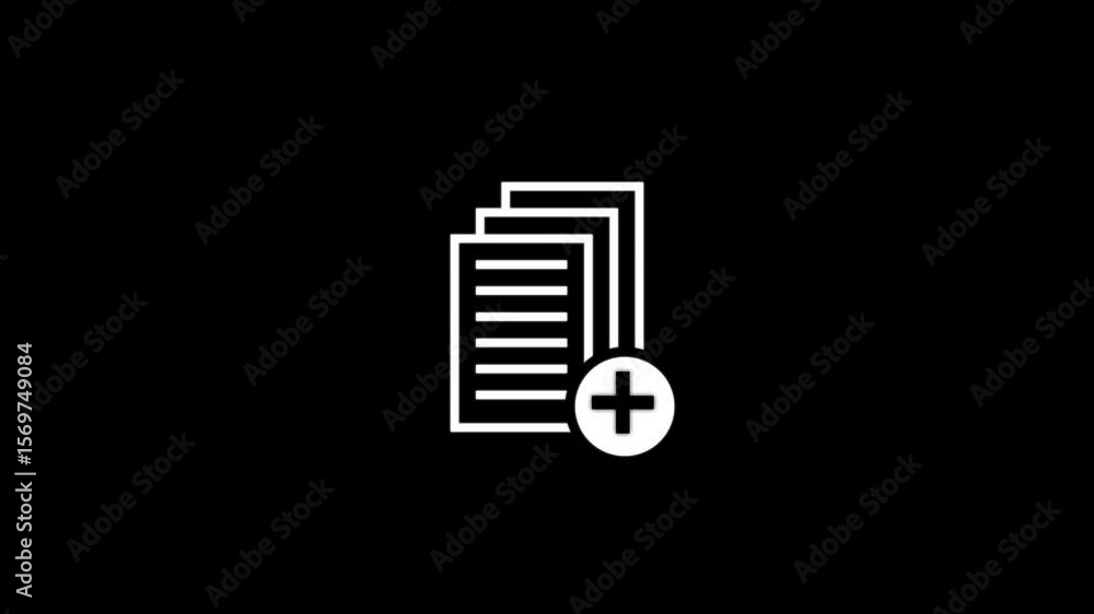 Poster document with + icon animation on black background.