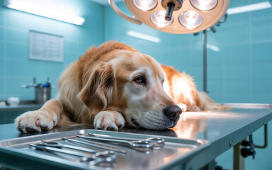 A dog in veterinary clinic waiting for an operation. Pet care, surgery, animal hospital concept.	