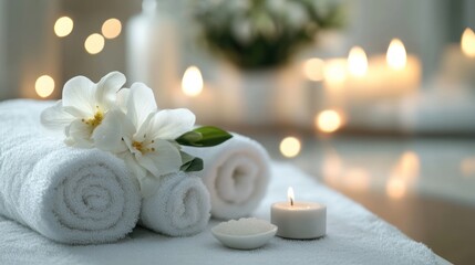 Tranquil spa retreat with soft lighting, white towels, and floral accents