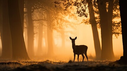 Silhouette of deer in golden sunrise forest