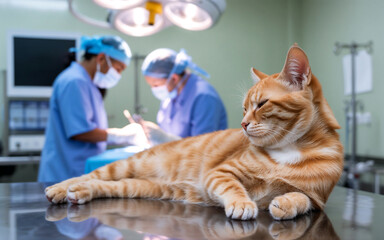 A cat in veterinary clinic waiting for operation with veterinarians in background. Pet care, surgery, animal hospital concept.
