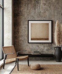 Modern interior with artistic decor and minimalist furniture.