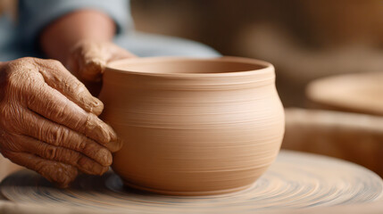 Close-up of a potter's hands shaping a clay pot on a spinning potter's wheel, focusing on craftsmanship and traditional artistry.