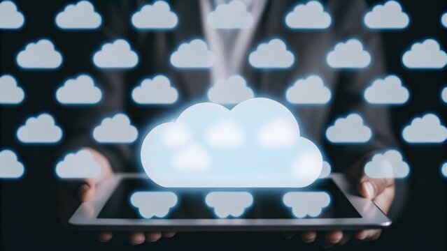 Data transfer technology concept. Cloud computing concept with digital tablet and cloud icons in background.
