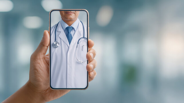 Hand holding smartphone displaying friendly doctor in lab coat with stethoscope, symbolizing telemedicine and healthcare accessibility.