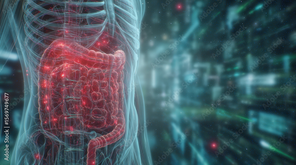 Poster digital rendering of a human digestive system with a transparent body in a futuristic cybernetic env
