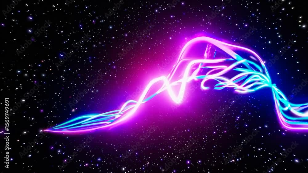 Poster luminous energy wave pulsating and radiating vibrant neon colors across starry cosmic expanse, revea