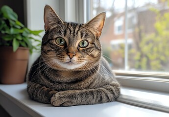 Gray cat lounging by a sunny window with a plant nearby.