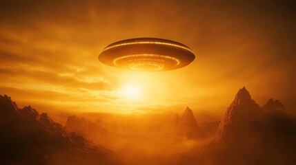 Unidentified flying object hovers over otherworldly desert landscape at sunset