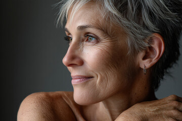 Fototapeta premium A heartwarming high-resolution portrait of a mature woman with captivating blue eyes and a gentle smile, highlighting her natural freckles and graceful aging.