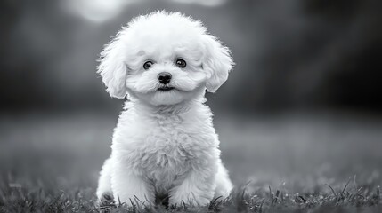 Fluffy white puppy sitting on grass in a soft-focus background.
